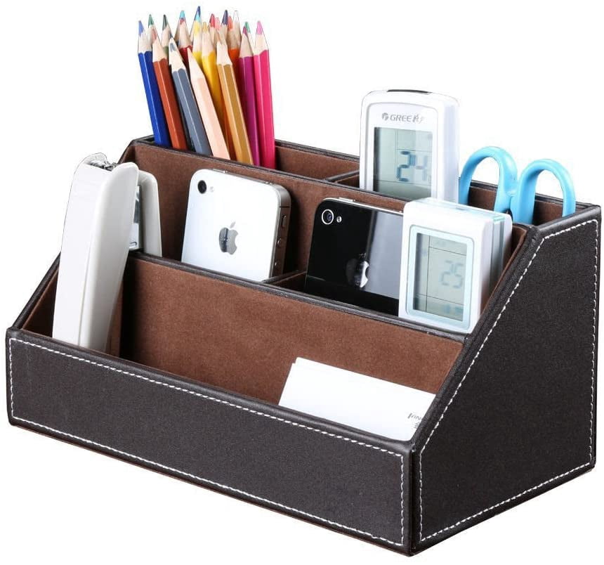 5PCS Desk Organizer and Accessories Set, Pu Leather Office Supplies with Multifunction Desktop Organizer Storage Box, Tissue Holder, Mouse Pad, Note Paper Holder, Pencil Holder for Desk Brown