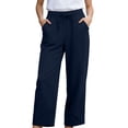 thumbnail image 5 of TZZQ Linen Capris Pants for Women Petite Beach Pants Straight Wide Leg Casual Drawstring Elastic Waist Cropped Trousers with Pockets Loose Comfy Summer Tulip-Hem Ankle Length Trousers Dark Blue Xxl, 5 of 9
