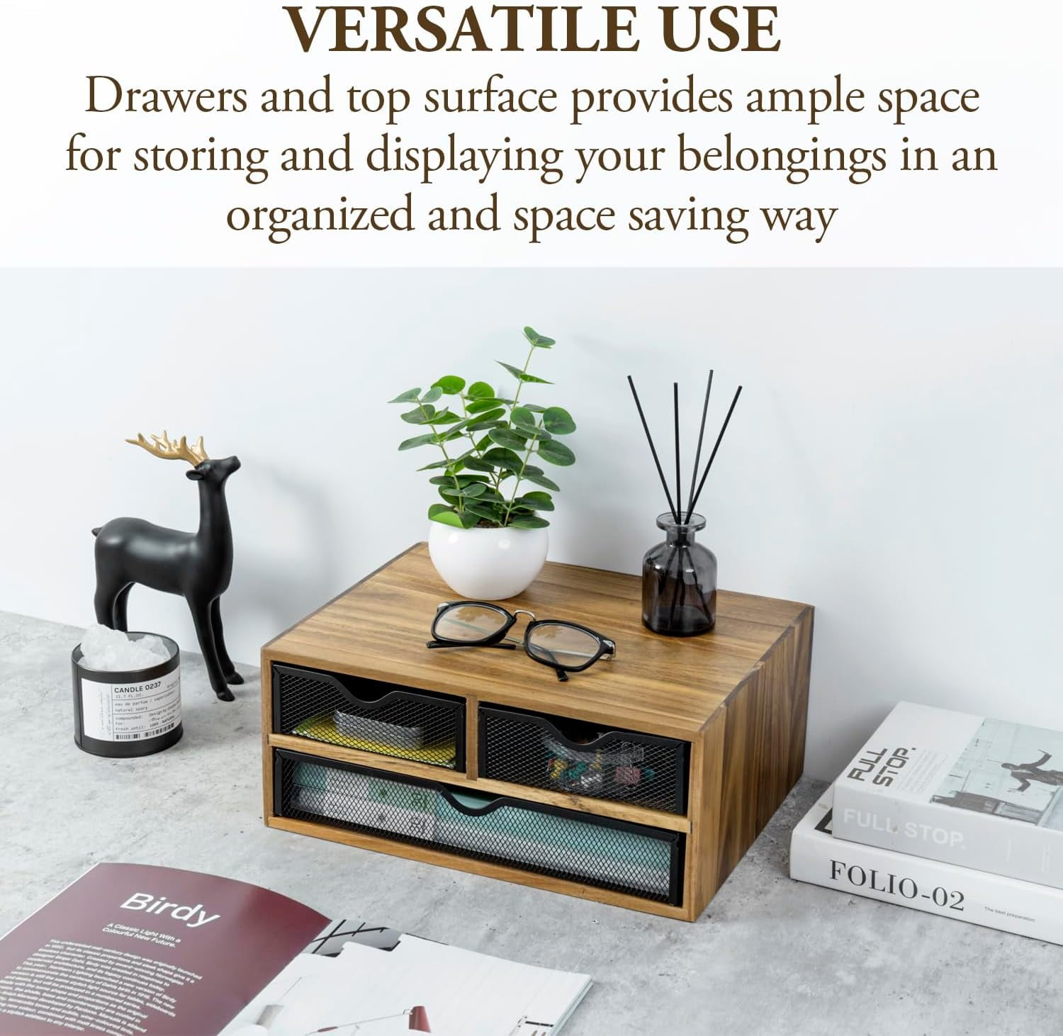 Premium Acacia Solid Wood Desktop Organizer Box with 3 Removable Black Metal Mesh Trays, Rustic Office Desk Supplies Storage Drawers for Accessories