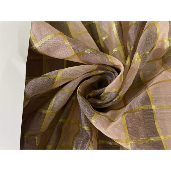 Cotton chanderi fabric plaids shade of baby pink amp; metallic gold 44" wide [9255]
