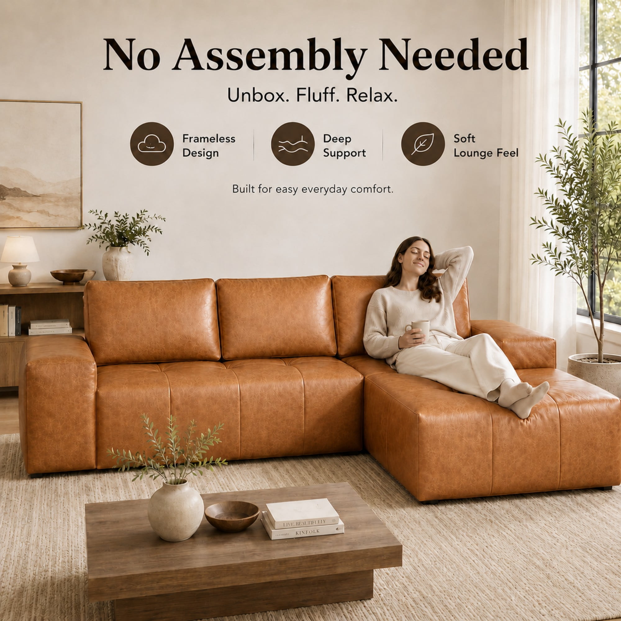 Aenkyo 114" Faux Leather L-Shaped Sectional Sofa with Right Hand Chaise, Boneless Modular Couch, Ginger