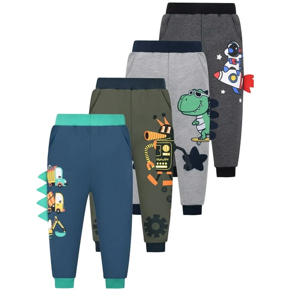 QEFJNO Toddler and Little Boys Cotton Pull On Active Jogger Kids Long Pants Casual Sweatpants 1Pcs Blue Excavator 3T