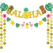 WERNNSAI Hawaiian Aloha Party Banner Decorations - Flamingo Pineapple Tiki Tropical Luau Party Supplies Favors Large Gold Glittery Aloha Sign Flag for Birthday Wedding Summer Beach Pool