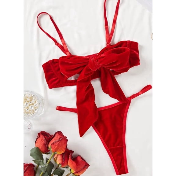 Red Bowknot Halter Soft Plush Lingerie Set