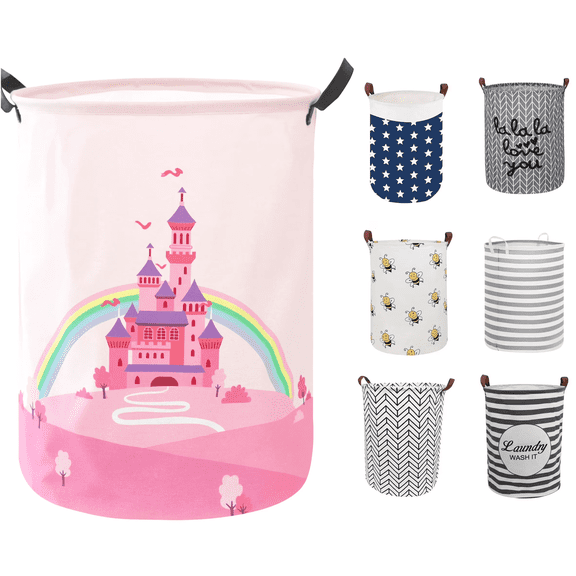 Sortora Large Laundry Basket, Waterproof Canvas Laundry Hamper, Collapsible Storage Basket Bin for Kids Room, Toy Organizer, Nursery Hamper, Clothes Hamper, Castle