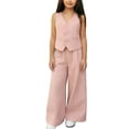 thumbnail image 2 of BRGZLK Girl's 2 Piece Outfit Summer Solid Color Sleeveless V Neck Blazer Single-Breasted Vest Tops and Wide Leg Pants Suit Casual Loose Two-Piece Set Pink 5-6 Years, 2 of 6