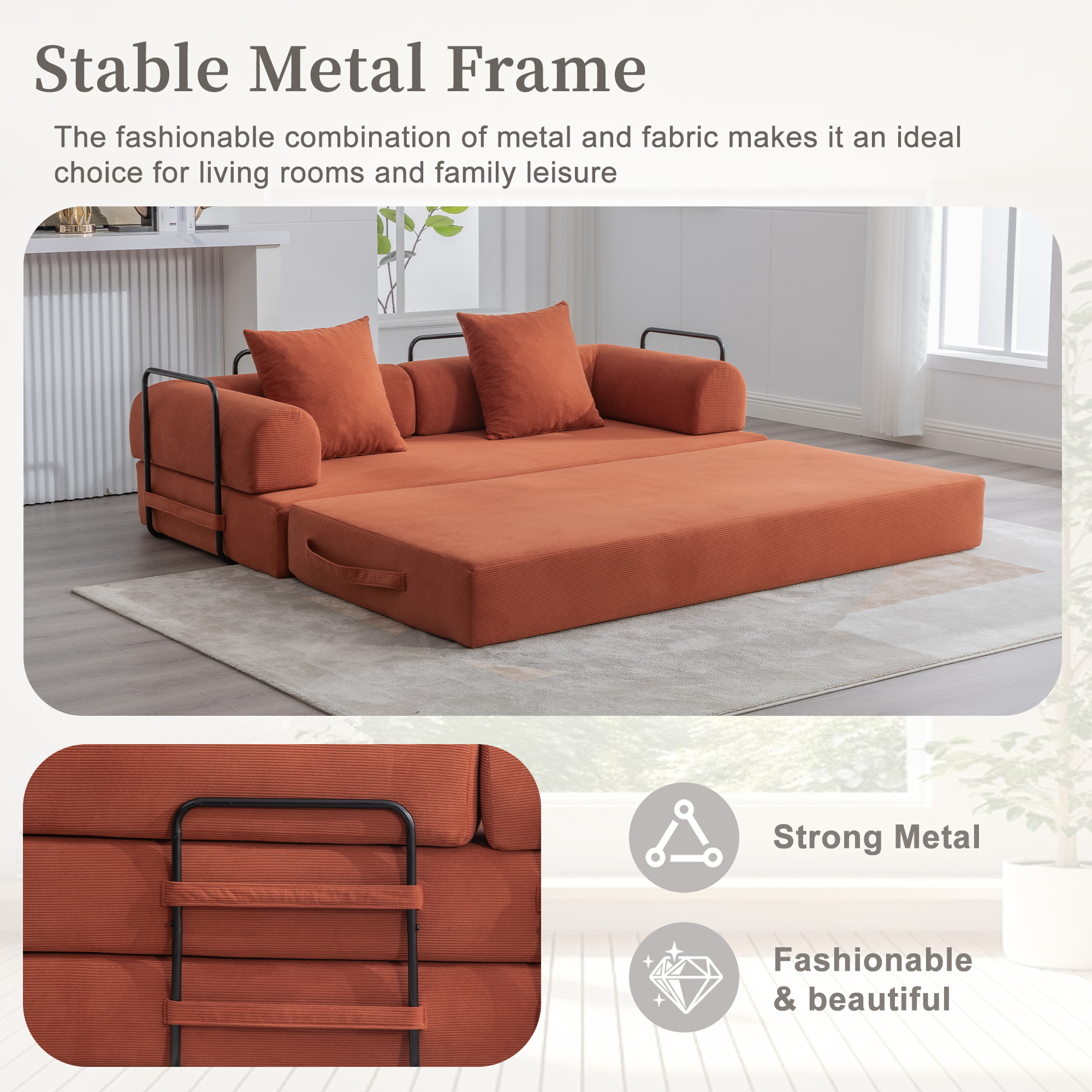 MOONMISS Corduroy Upholstered Modern Comfort Foldable Compressible Sofa Bed with Sturdy Metal Frame-Orange