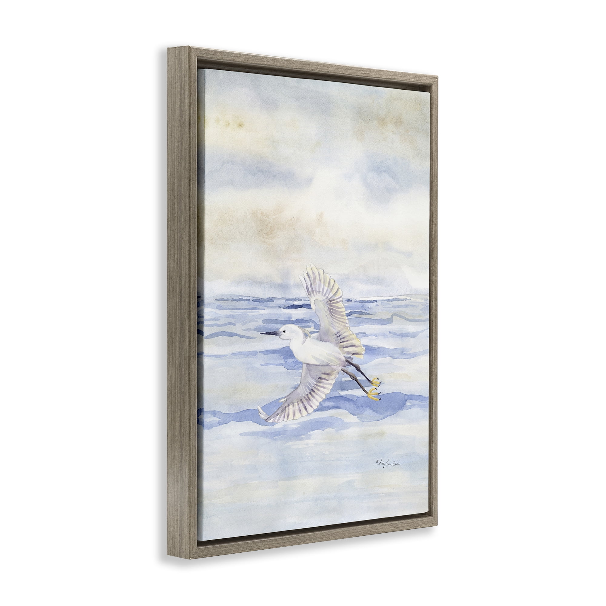 Stupell Industries Flying Heron Over Water Landscape Painting Brown Floater Framed Canvas Art Print Wall Art, 17 x 25