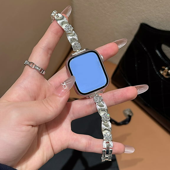 Dwitch Fashion Slim Bling MetalBand for Apple Watch Band 42/44/45/46/49mm,Floral Crystal Metal Bracelet Strap for Women,Elegant Jewelry Style Replacement for Apple Watch Series Ultra SE 1-10,Silver