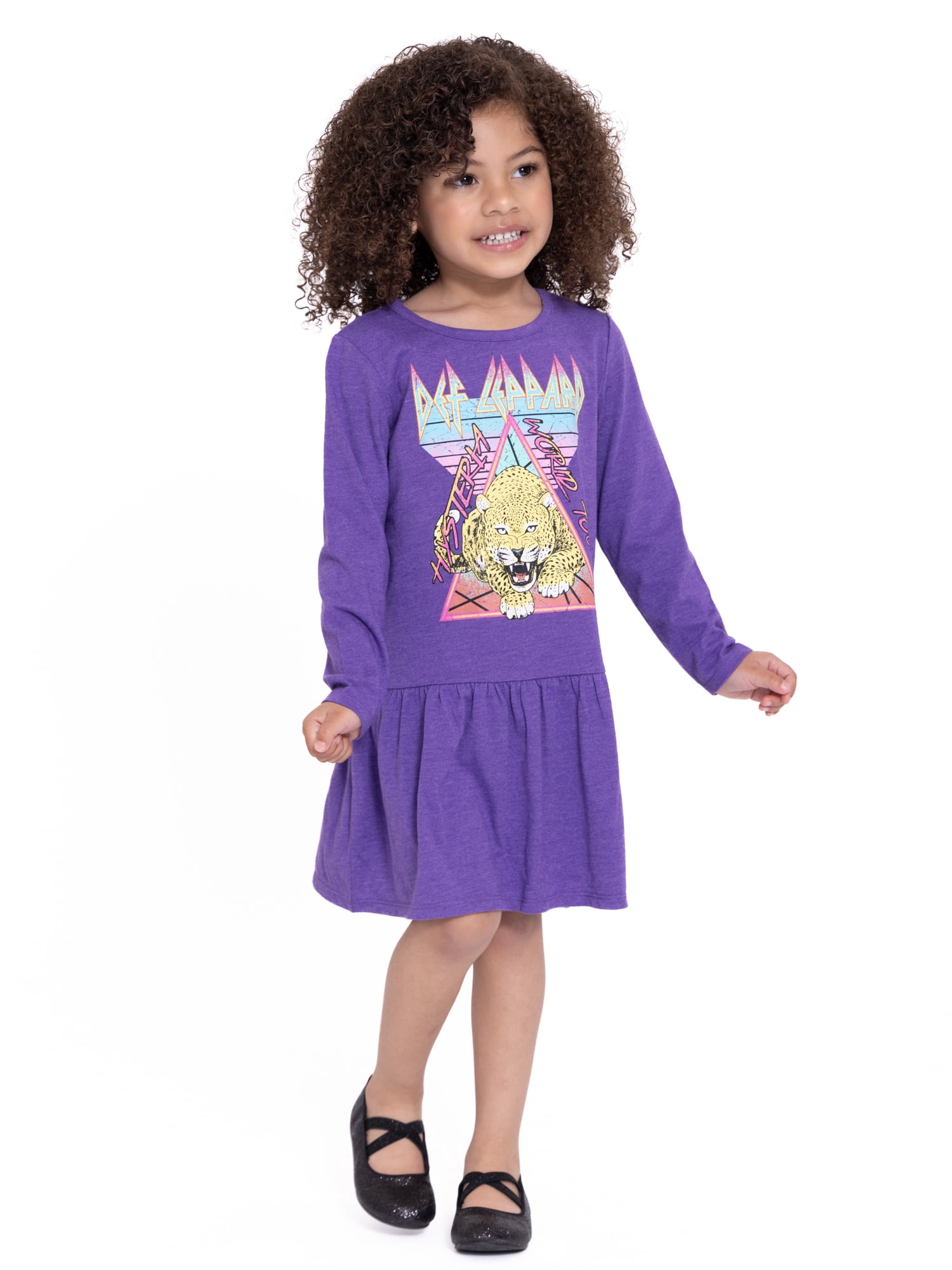 Def Leppard Toddler Girls Print Drop Waist Dress with Long Sleeves, Sizes 12M-5T