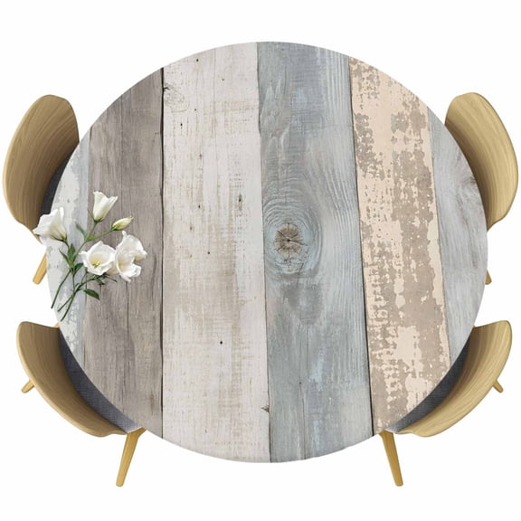 Round Table Cover 45-54 Inch Farmhouse Wood Grain Waterproof Reusable Table Cloth Round Fitted Vinyl Tablecloth with Elastic Edged for Parties Outdoors, Vintage Shabby Country Blue Grey