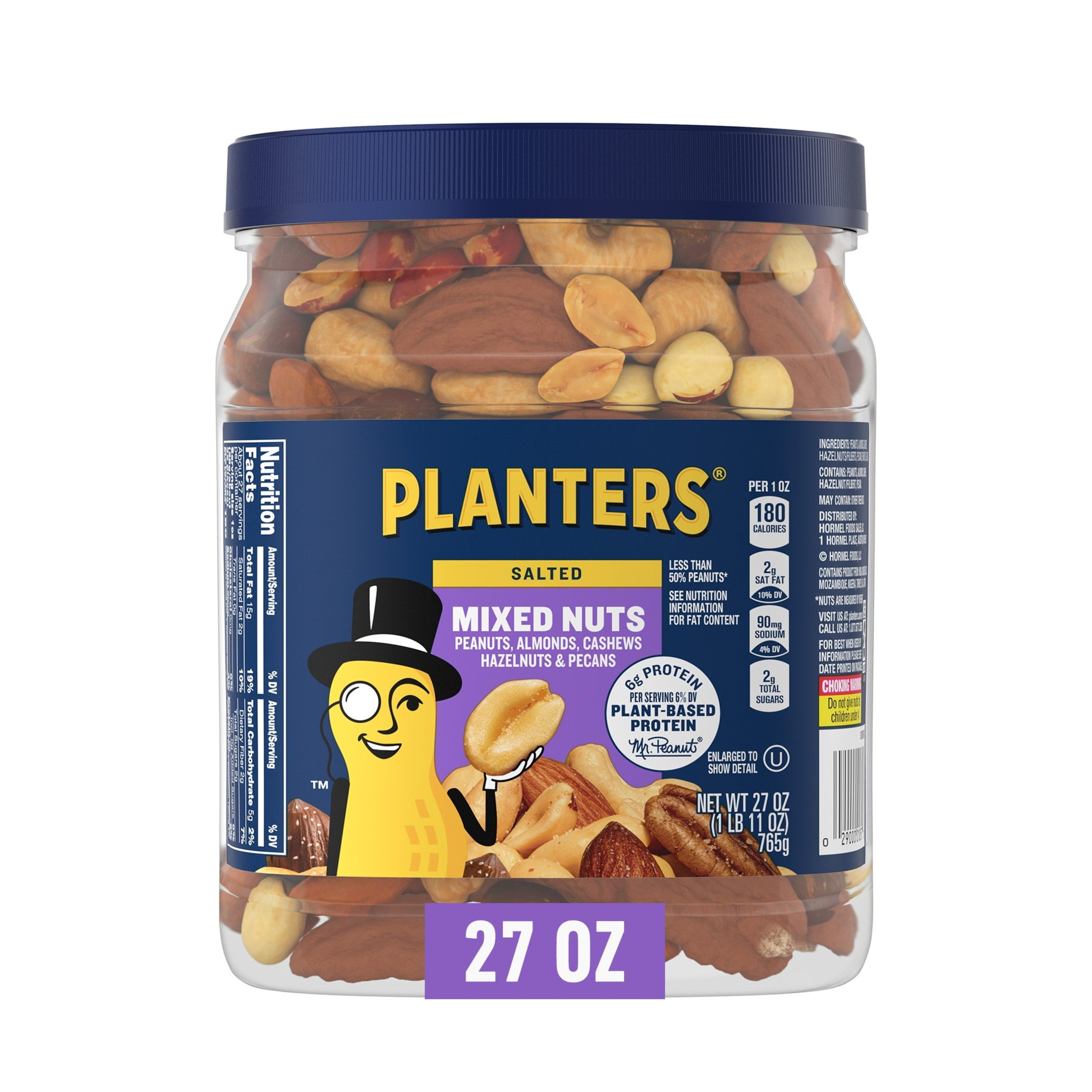 (6 pack) PLANTERS Salted Mixed Nuts, Party Snacks, Plant-Based Protein, 27 oz Canister