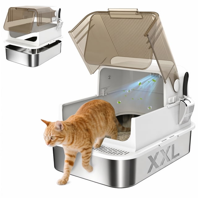 PawHut Cat Litter Box Easy-Clean Enclosure with Scoop & Flip Lid White
