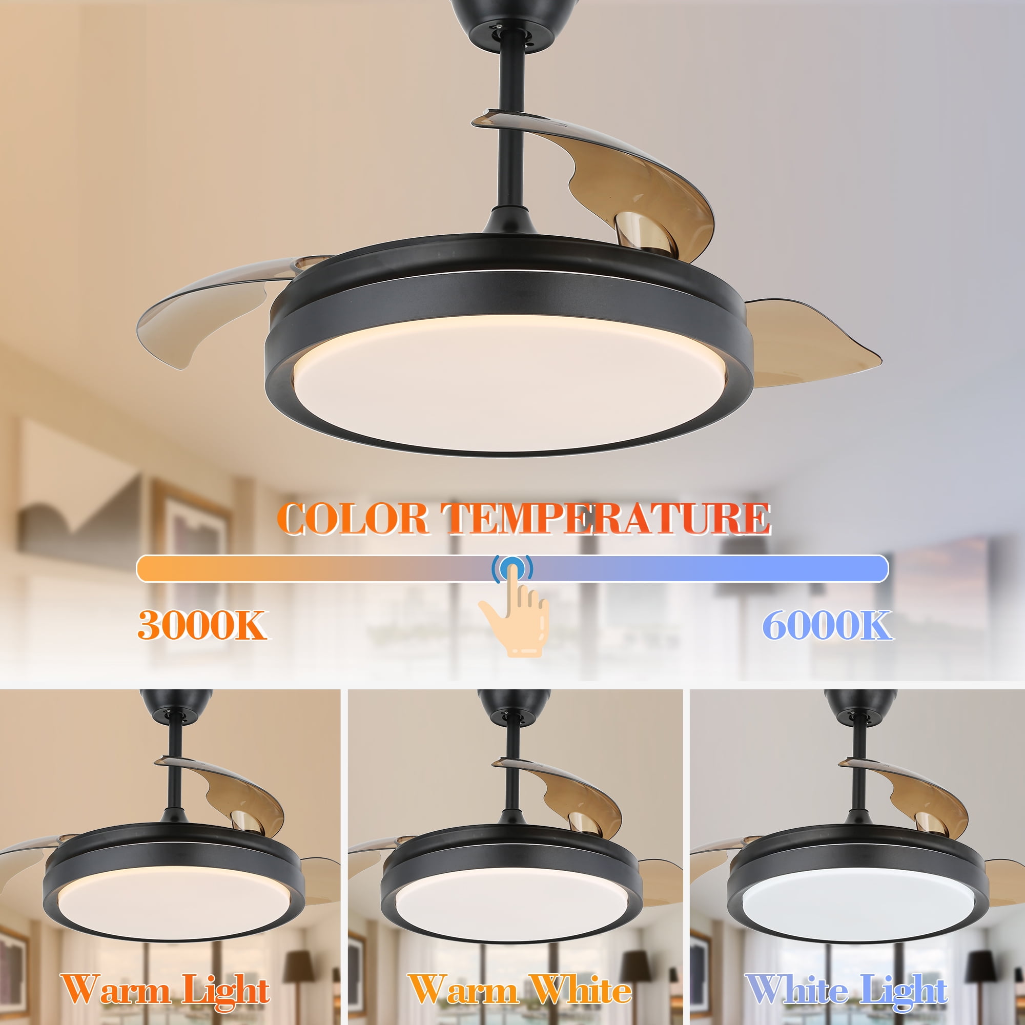 42" Retractable Ceiling Fan Reversible With Remote Control and Light Kit