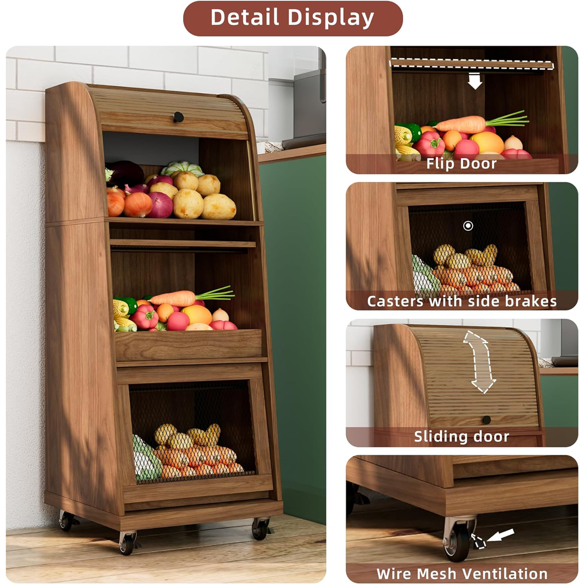 Onion and Potato Storage Bin Box, Movable Potato Bins with Sliding Door, Farmhouse Kitchen Pantry Cabinet