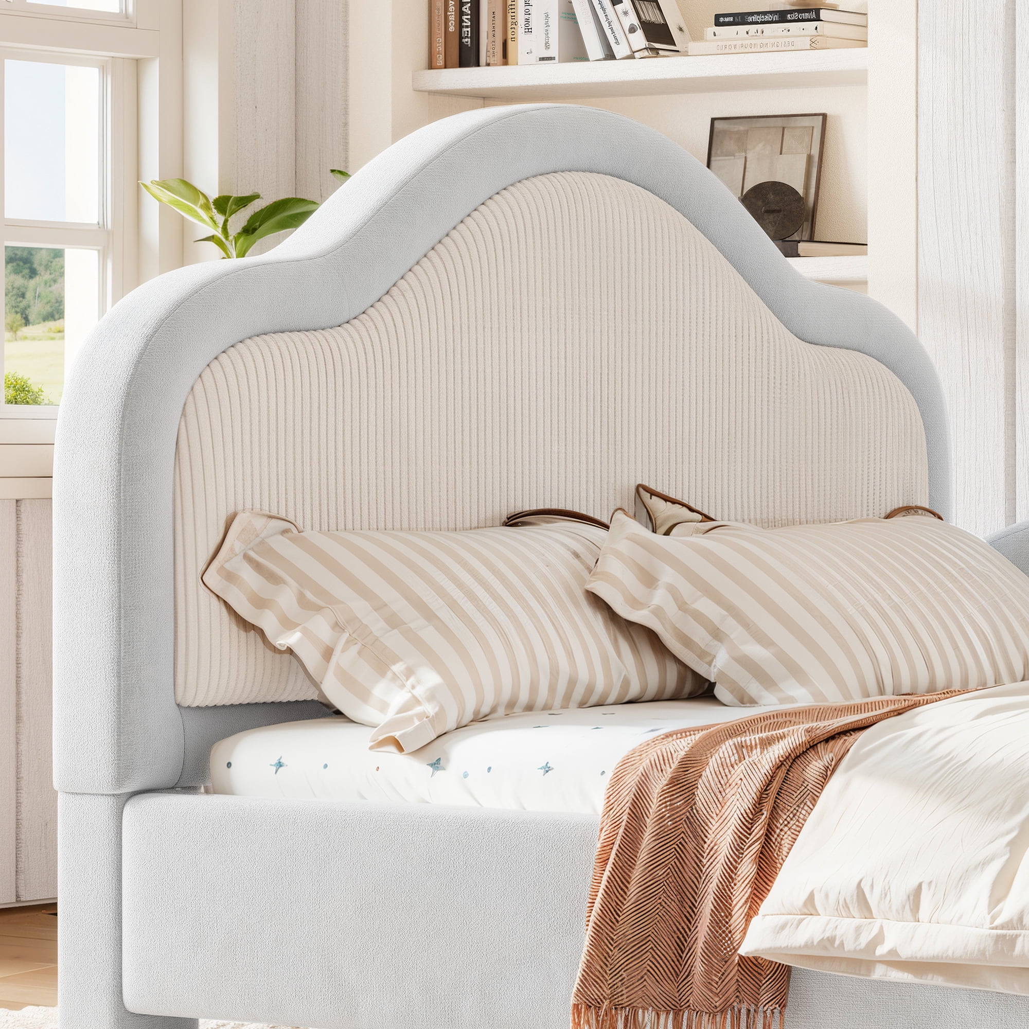HOQBN Full Size Curved Headboard Upholstered Floor Bed, Upholstered Kids Bed Frame with Safety Side Rails and Storage Pocket, Low Floor Playhouse Bed for Kids Bedroom,Light Gray