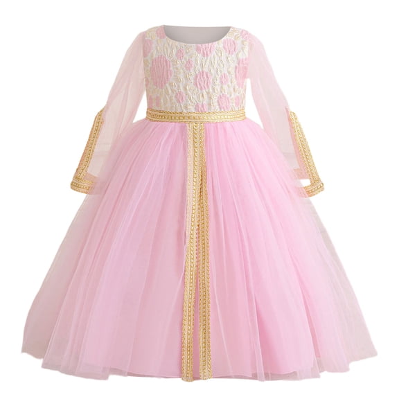 XAOFW Girl's Dresses Long Sleeve Crewneck Dress Kids Partywear Elegant Embroidered Gown Dress Holiday Party Versatile Cozy Toddler Sundress