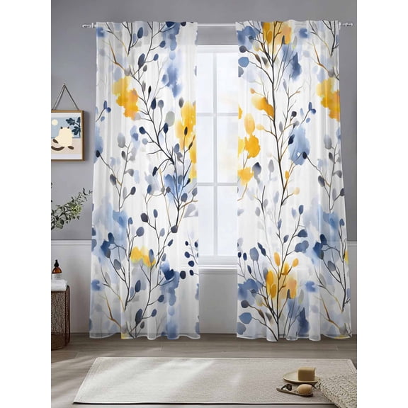 Vintage Yellow Sheer Curtains 84 Inches Long 2 Panels Blue Wildflowers Leaves Abstract Botanical Light Filtering Semi Sheer Window Curtains Drapes for Bedroom Living Room 52"x84"