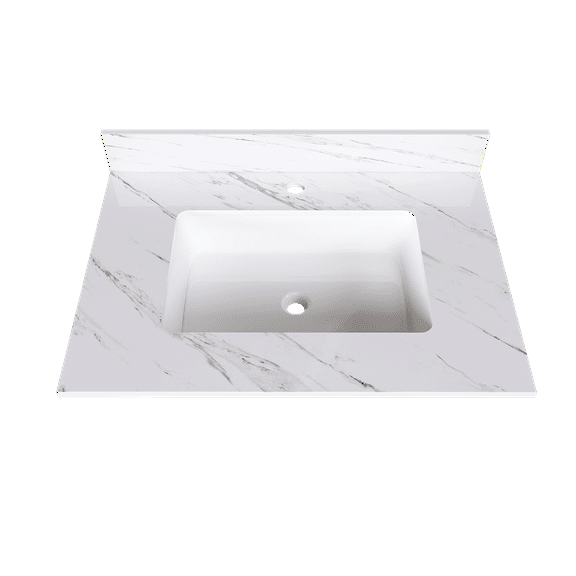 31" White Marble Vanity Top w/ Undermount Sink, 1 Holes, 4" Backsplash