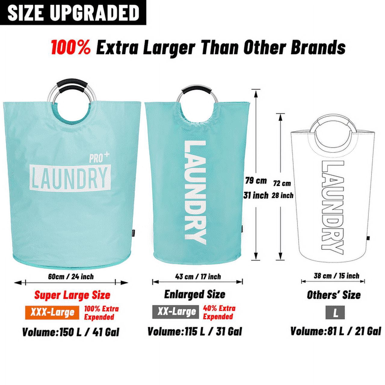 Caroeas Super Large 150L Laundry Hamper Pro, Waterproof Laundry Basket, Clothes Hamper Stands Up Well, Laundry Bag with Padded Handles, Collapsible Laundry Basket Easy Storage (Light Blue)