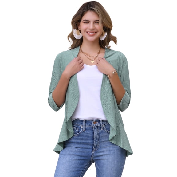 DARING DIVA Womens Open Front 3/4 Sleeve Draped Ruffles Eyelet Cardigans S Grey Green