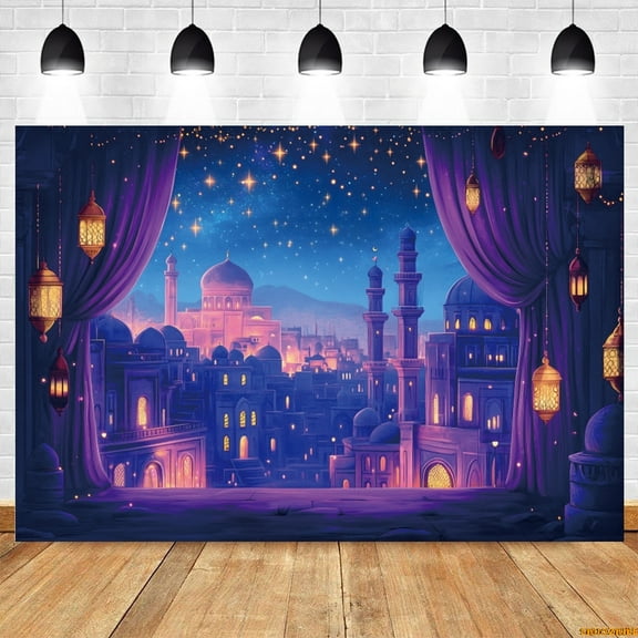 Eid Mubarak Backdrop Photography Ramadan Mosque Purple Curtain Gold Light Muslim Festivals Family Party Background Banner Poster