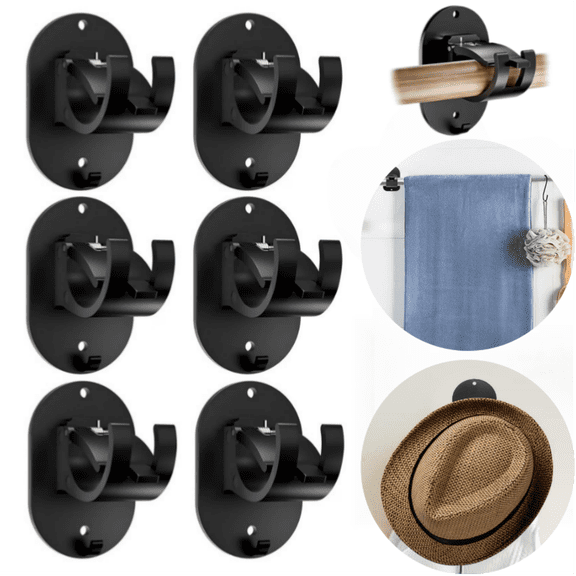 No Drill Curtain Rod Holder Hangers – Self-Adhesive Brackets for Curtain Rods – 6 Pack Black