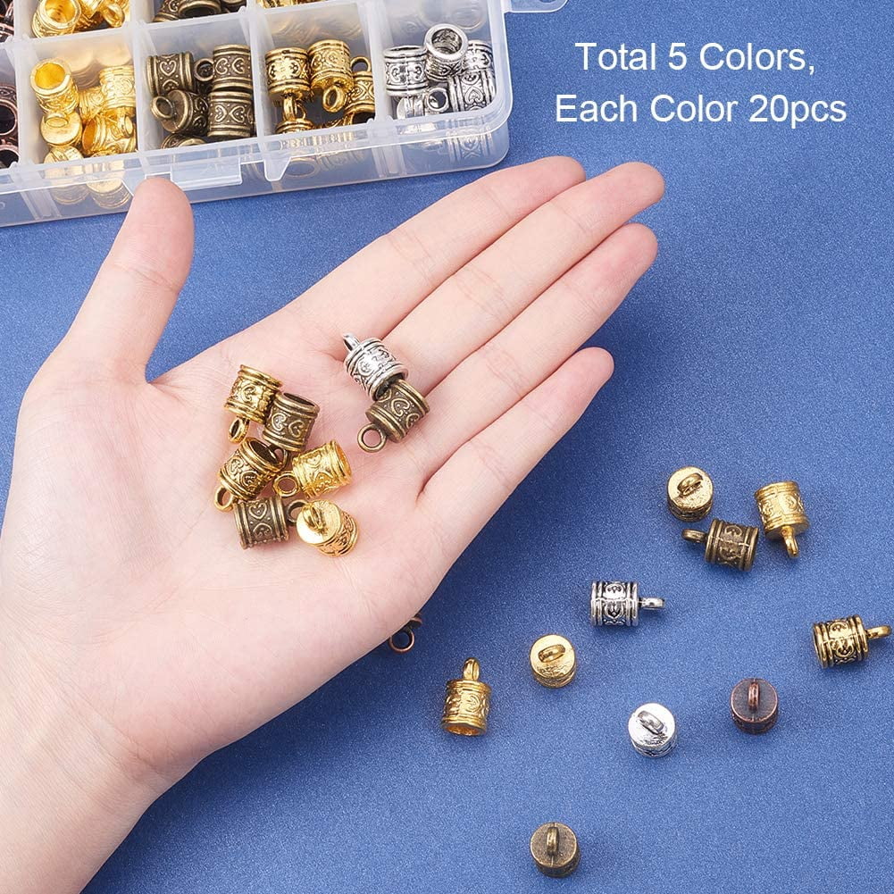 100pcs Cord Ends Leather Tassel Cap 5 Color Barrel Alloy Leather Cord Ends Cord Link Buckle Glue-in End Cap for Kumihimo Barrel and Jewelry Making (16x9mm Hole: 3mm)