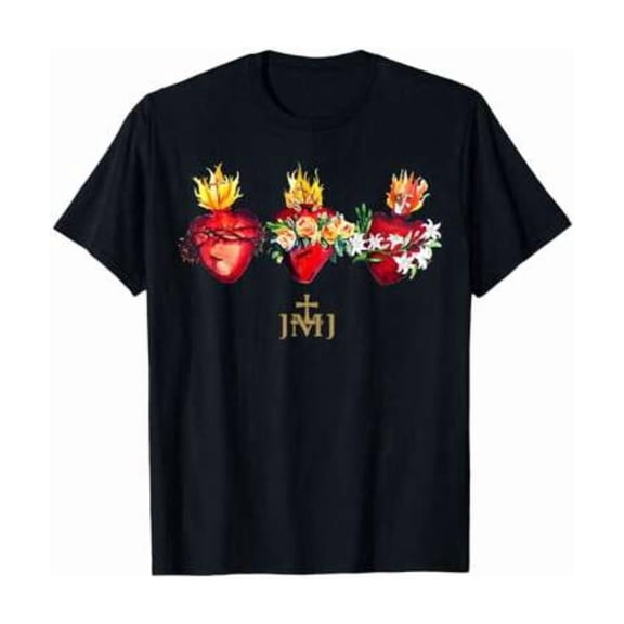 【New style】Three Sacred Hearts Of Jesus Mary Joseph JMJ Catholic T-Shirt Graphic Tees Short Sleeve Casual Women T Shirts 100% C
