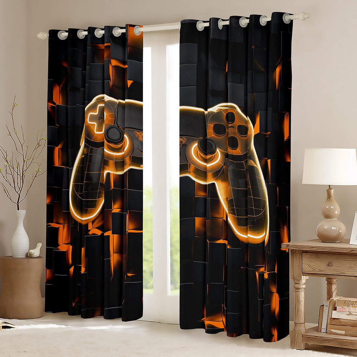Gamer 30%-50% Blackout Curtains Gaming Themed Curtains Bedroom Curtains,Orange Geometry Honeycomb Print Window Curtains,Modern Abstract Plaid Curtains,2 Panels 52"Wx84"L
