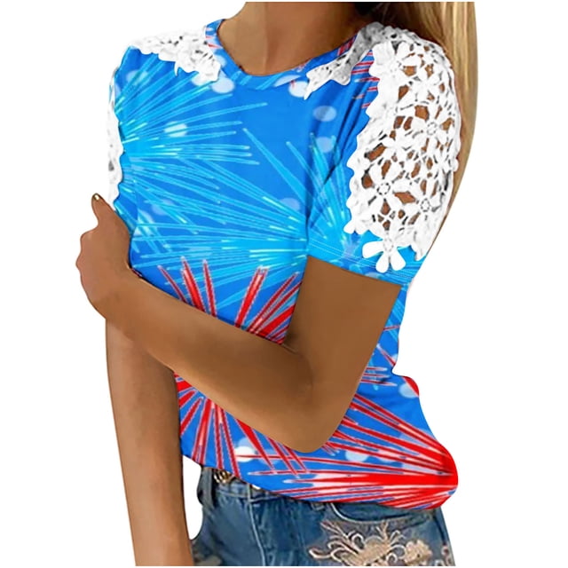 Camisas de Manga Corta para las Mujeres Impresión Cuello Redondo Suéter Encaje Camisa, Blusa de Verano Casual para las Mujeres