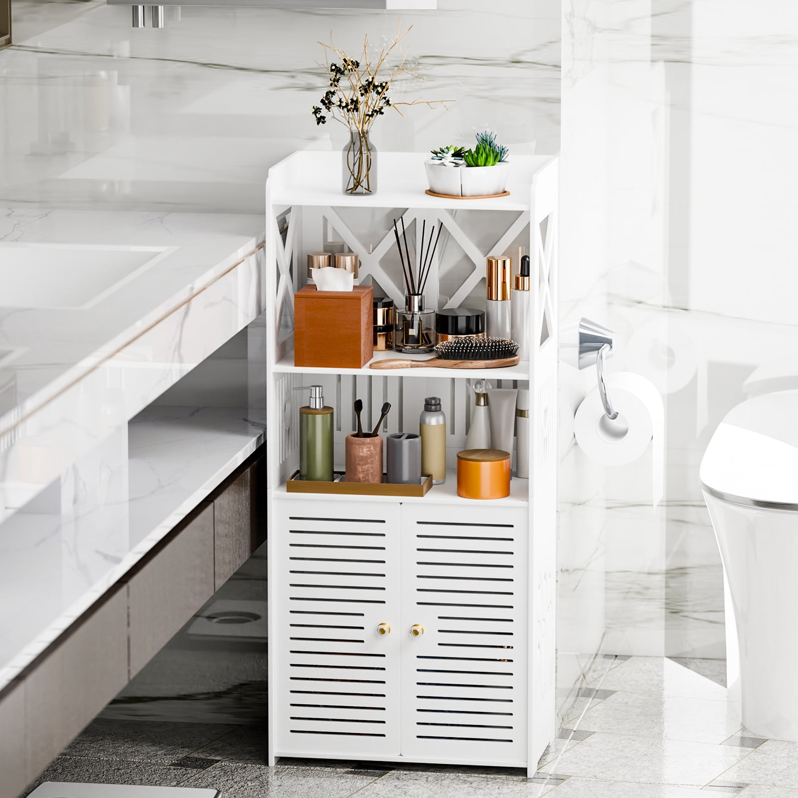 ziertyon Bathroom Storage Cabinet, Freestanding Bathroom Cabinet with Open Storage, Kitchen Pantry Cabinet with Doors, Bathroom Floor Cabinet with Door & Shelves (White)