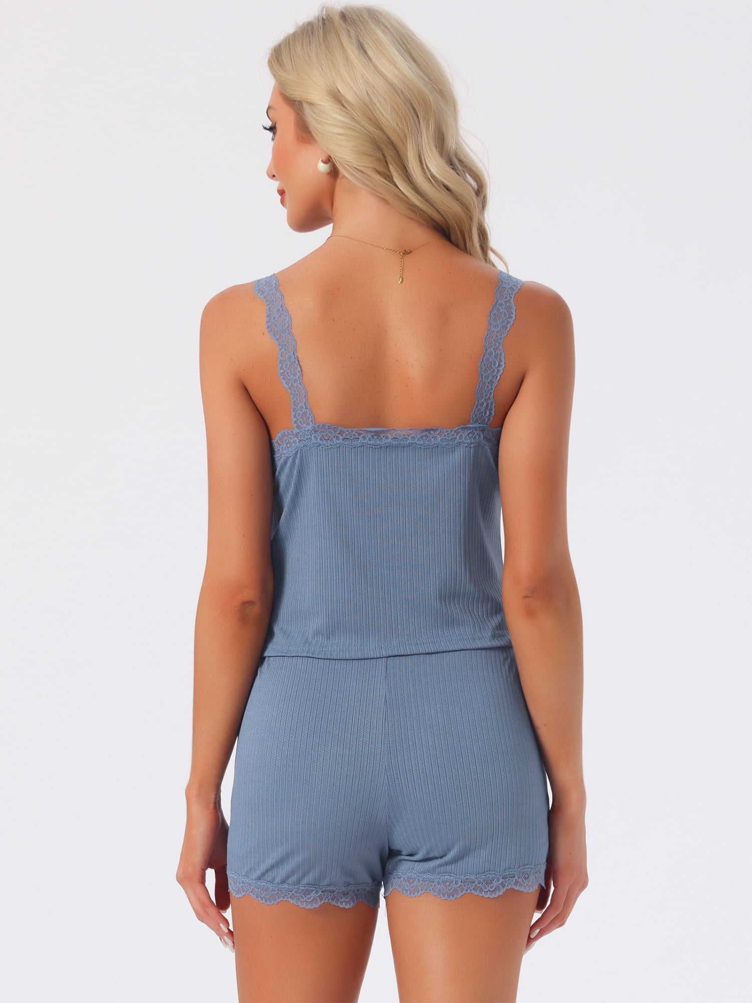 DARING DIVA Women's Pajama Sets Ribbed Knit Lace Tank Shorts Pants Sleepwear L Blue