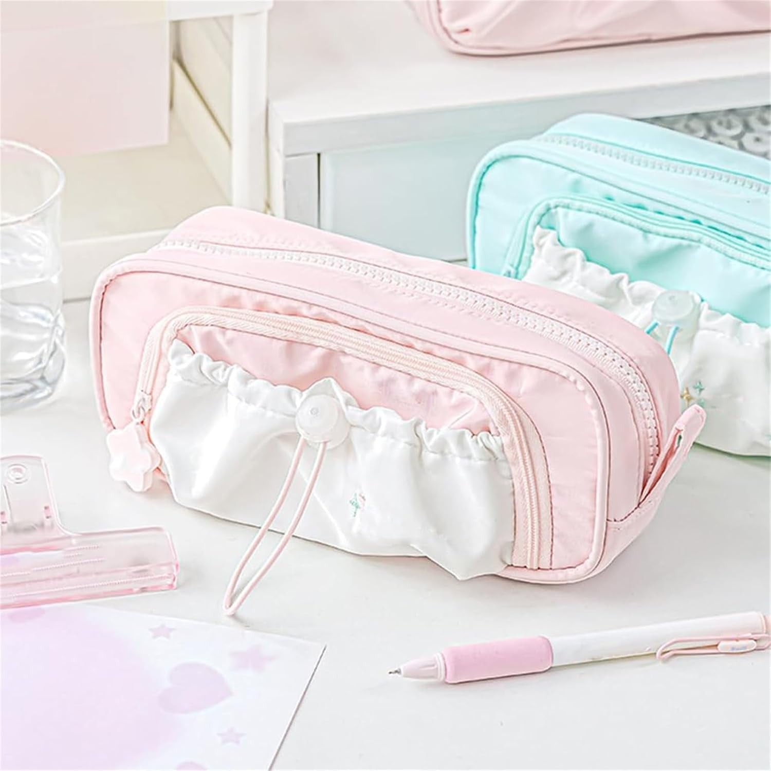 Rosy Posy Pencil Case,Large Capacity Drawstring Multi-Pocket Design, Waterproof, Soft,Simplicity Solid Color Kawaii Pencil Bag High Capacity Stationery Storage Bag Student