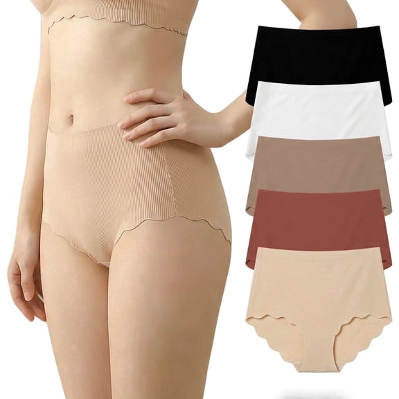 UNEEI Seamless Underwear for Women - No Show Mid High Waisted Bikini Panties with Wave Edge, 5 Pack Comfortable Breathable Full Coverage Ladies Panties For Yoga, Workouts, Office