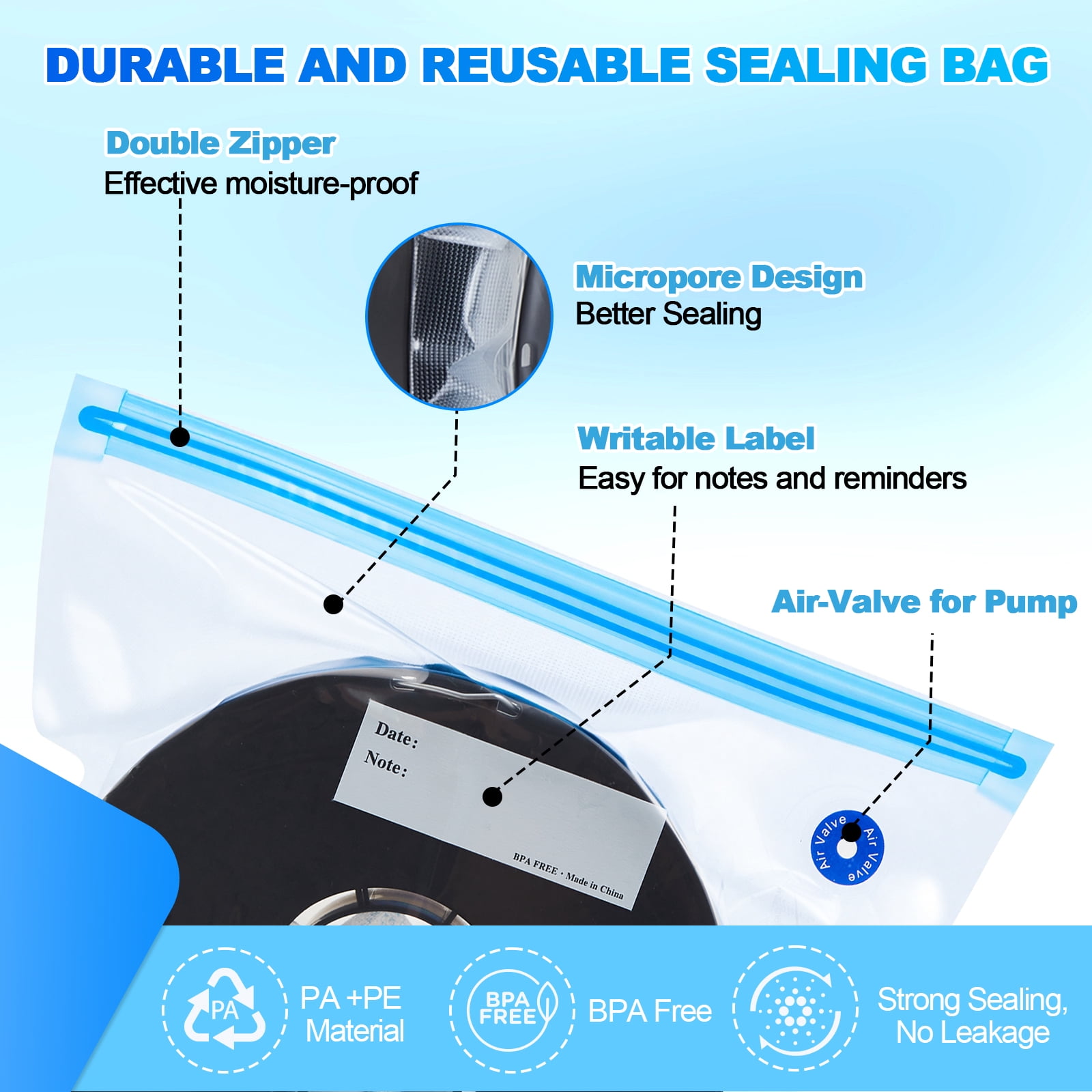 AGPTEK 30 Pack 3D Printer Filament Storage Bags 2 Sizes Vacuum Sealed Kit with 500mAh Electric Pump & Silica Gel Desiccants