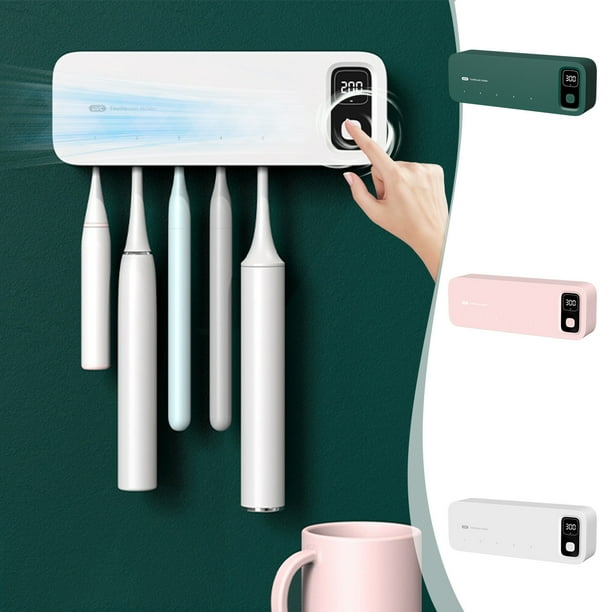 Secador y desinfectante de cepillos de dientes para baño | Soporte de cepillos de dientes de pared con 5 ranuras | Secado por aire caliente y luz UV | Recargable por USB | Sin perforaciones