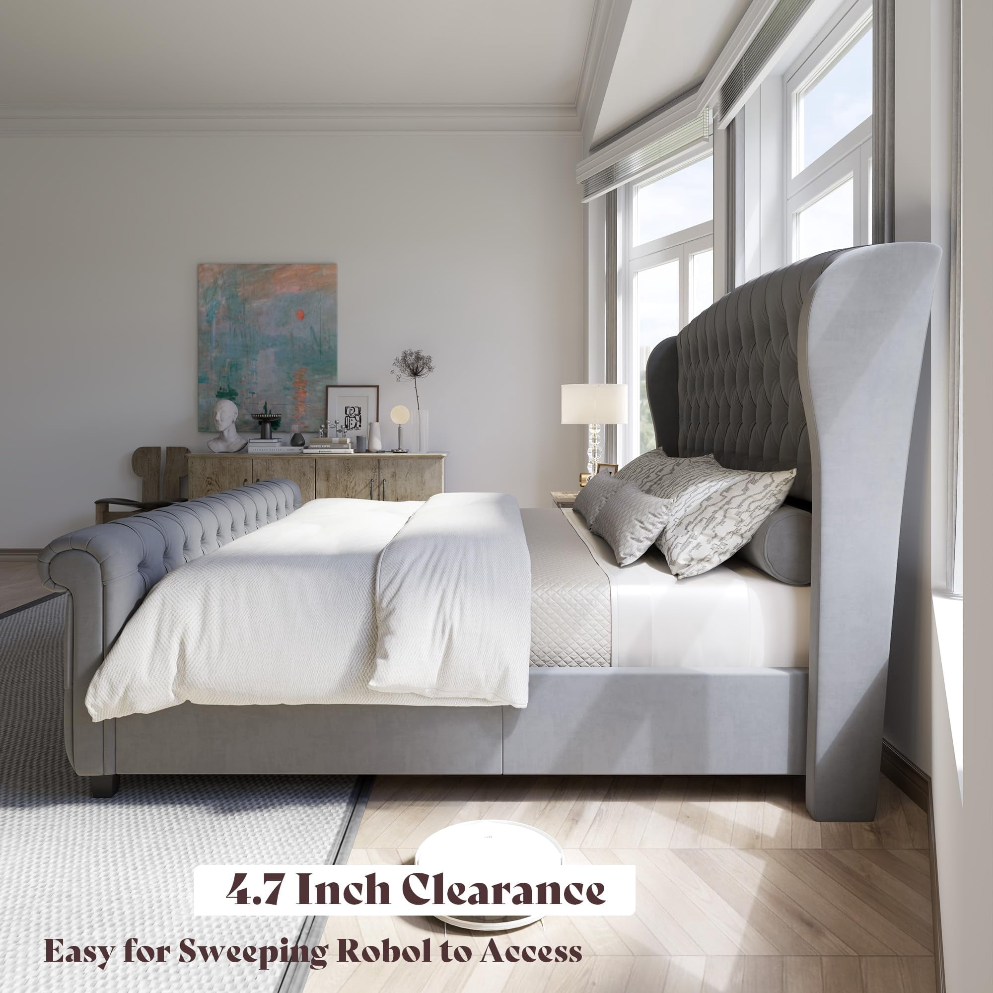 Merluxy California King Size Platform Bed Frame, Velvet Upholstered Sleigh Bed with Scroll Wingback Headboard & Footboard/Button Tufted, Grey