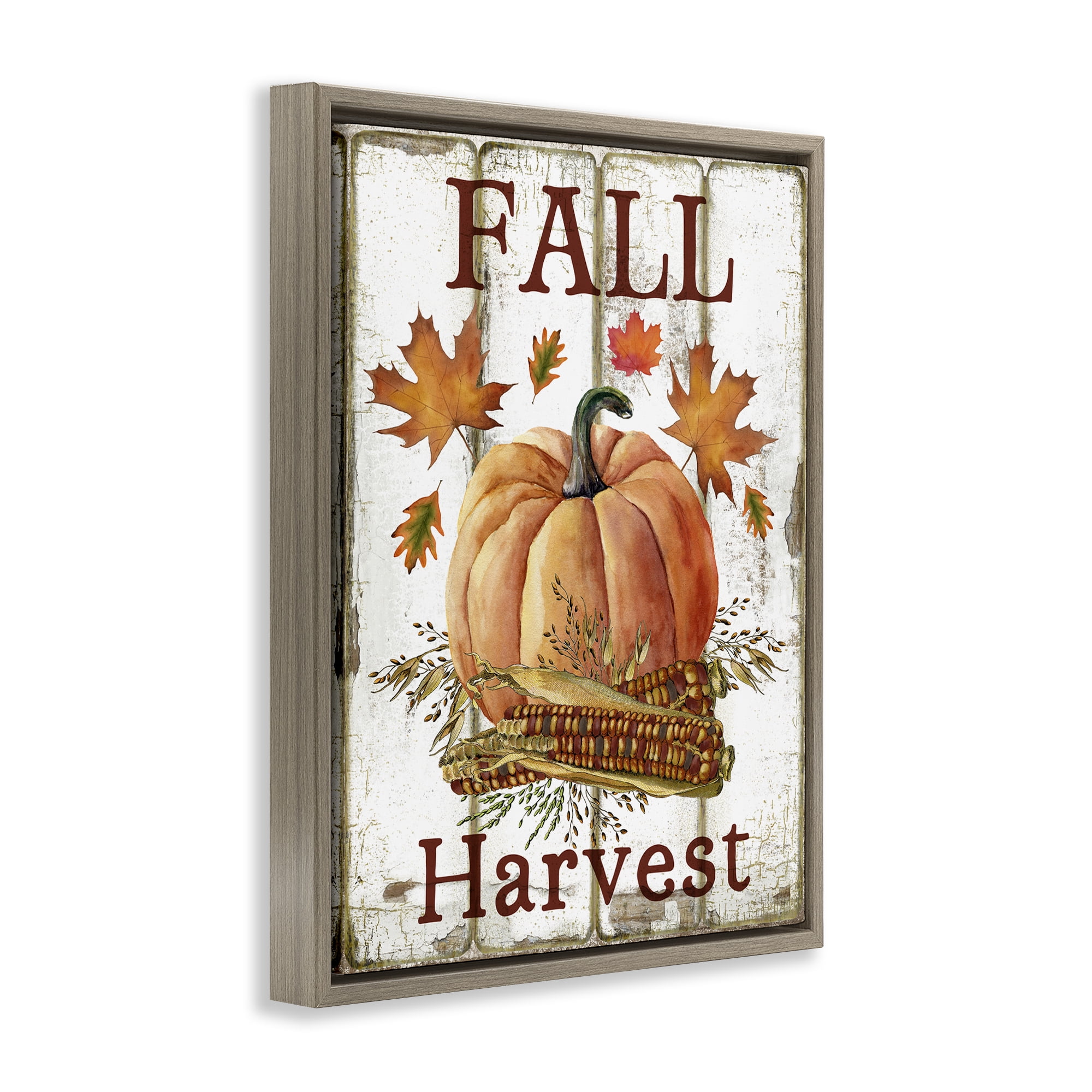 Stupell Industries Fall Harvest Pumpkin & Corn Holiday Painting Brown Floater Framed Canvas Art Prints Wall Art, 17 x 21