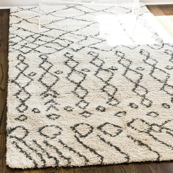 Unique Loom Rabat Shag Collection Area Rug - Geometric (9' x 12' 2" Rectangle Pure Ivory/Gray)