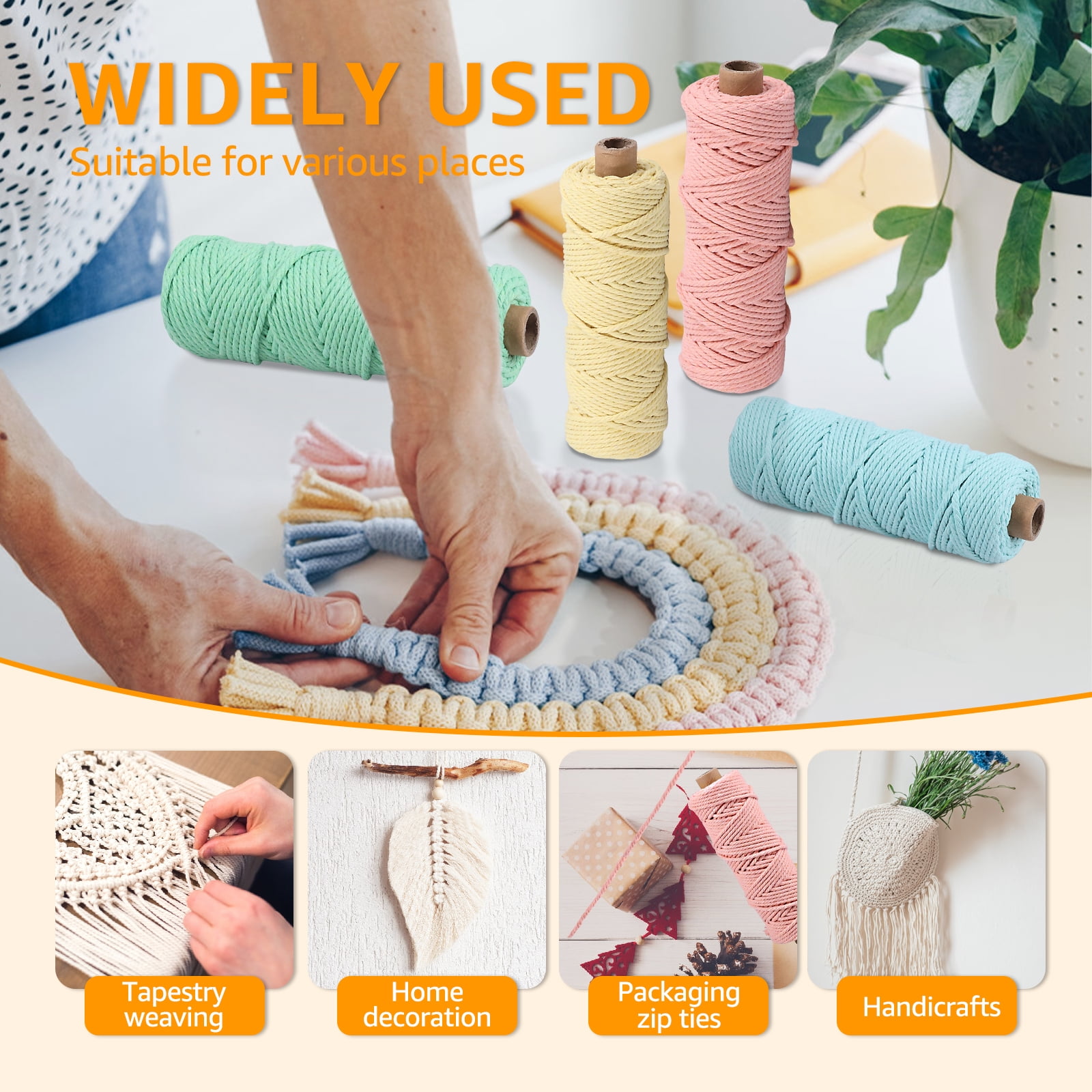 Keyohome 8 Rolls 3mm Colorful Knitting Macrame Cord Wear Resistant Versatile Cotton Twine String for Wall Hanging Plant Hanger Knitting Decorative Project