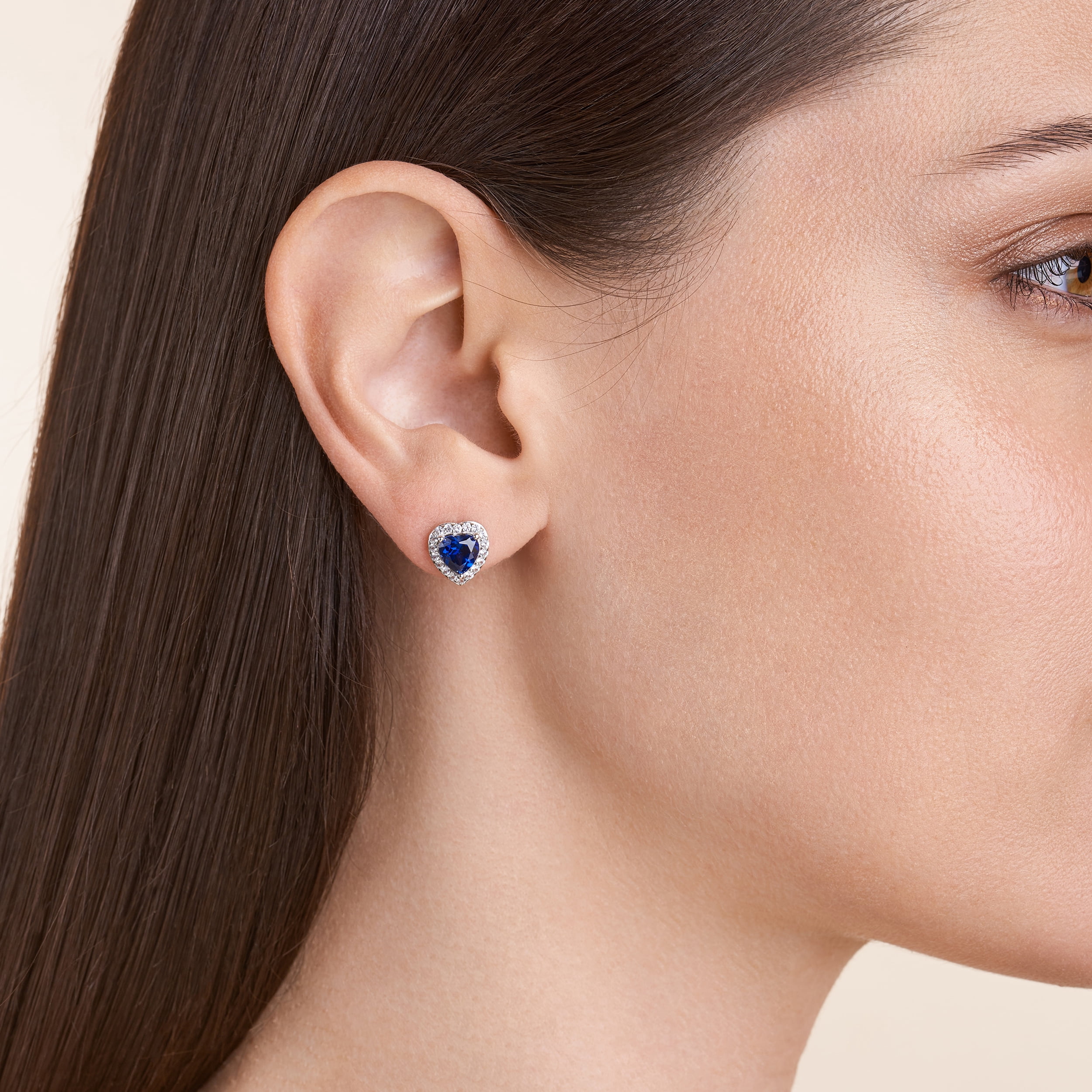 Forever Facets Created Blue Sapphire and Created White Sapphire Heart Halo Earrings in Sterling Silver, Adult Female