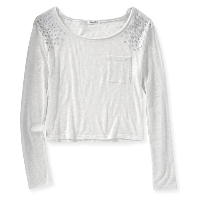 Aeropostale Fabric Trinket Ls - Camiseta adornada para mujer, color blanco, grande