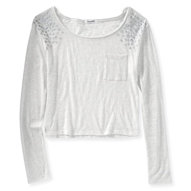 Aeropostale Fabric Trinket Ls - Camiseta adornada para mujer, color blanco, talla mediana