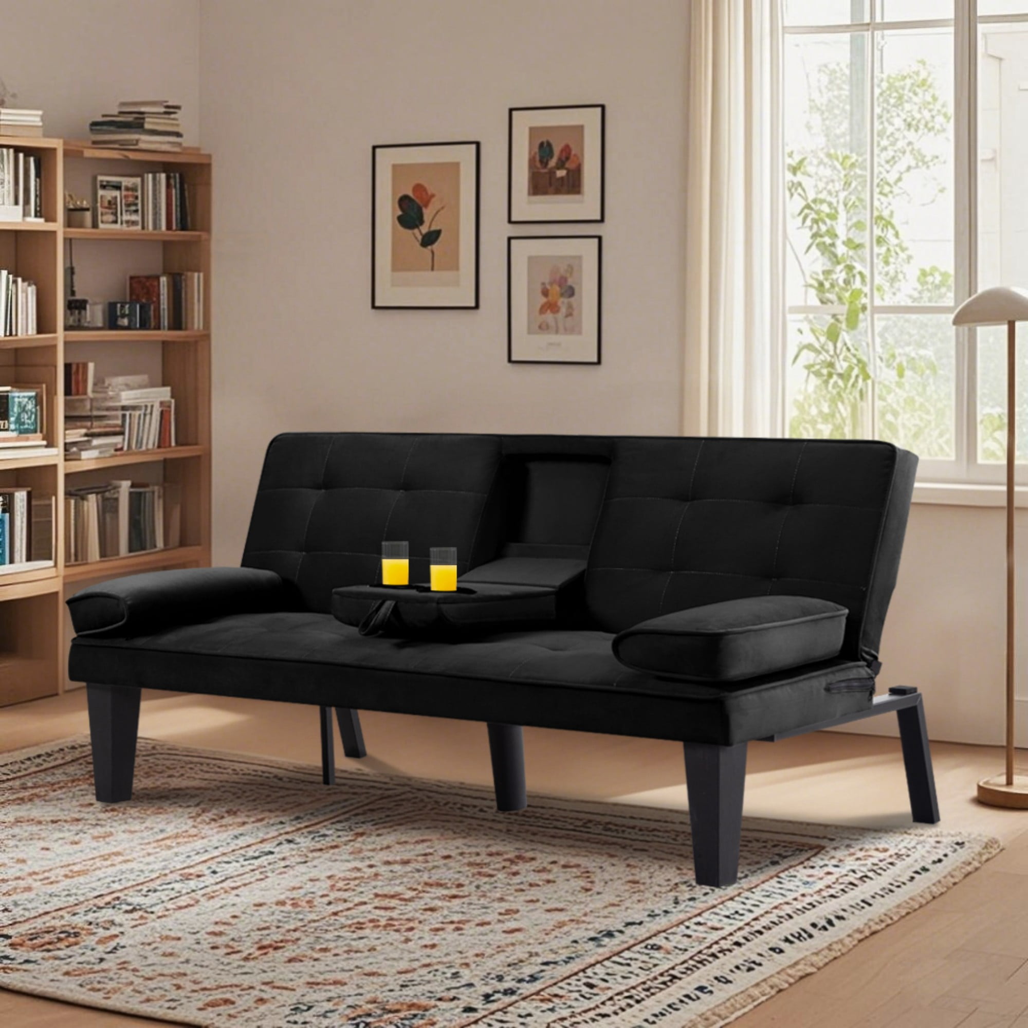BSHTI 65" Modern Velvet Futon Sofa Bed with Drop Down Cup Holders, 3-Position Adjustable Backrest, Removable Arm Cushions, Chrome Legs for Living Room & Guest Room Black