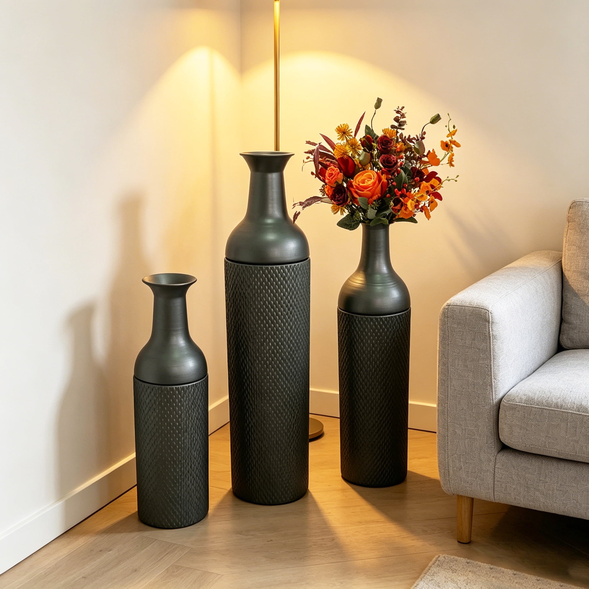 Leumius Decorative Metal Vases Set of 3, Black Silver Leaf Pattern Floor Vases, Black Silver Tall Vases for Home Decor, Living Room Entryway Decor