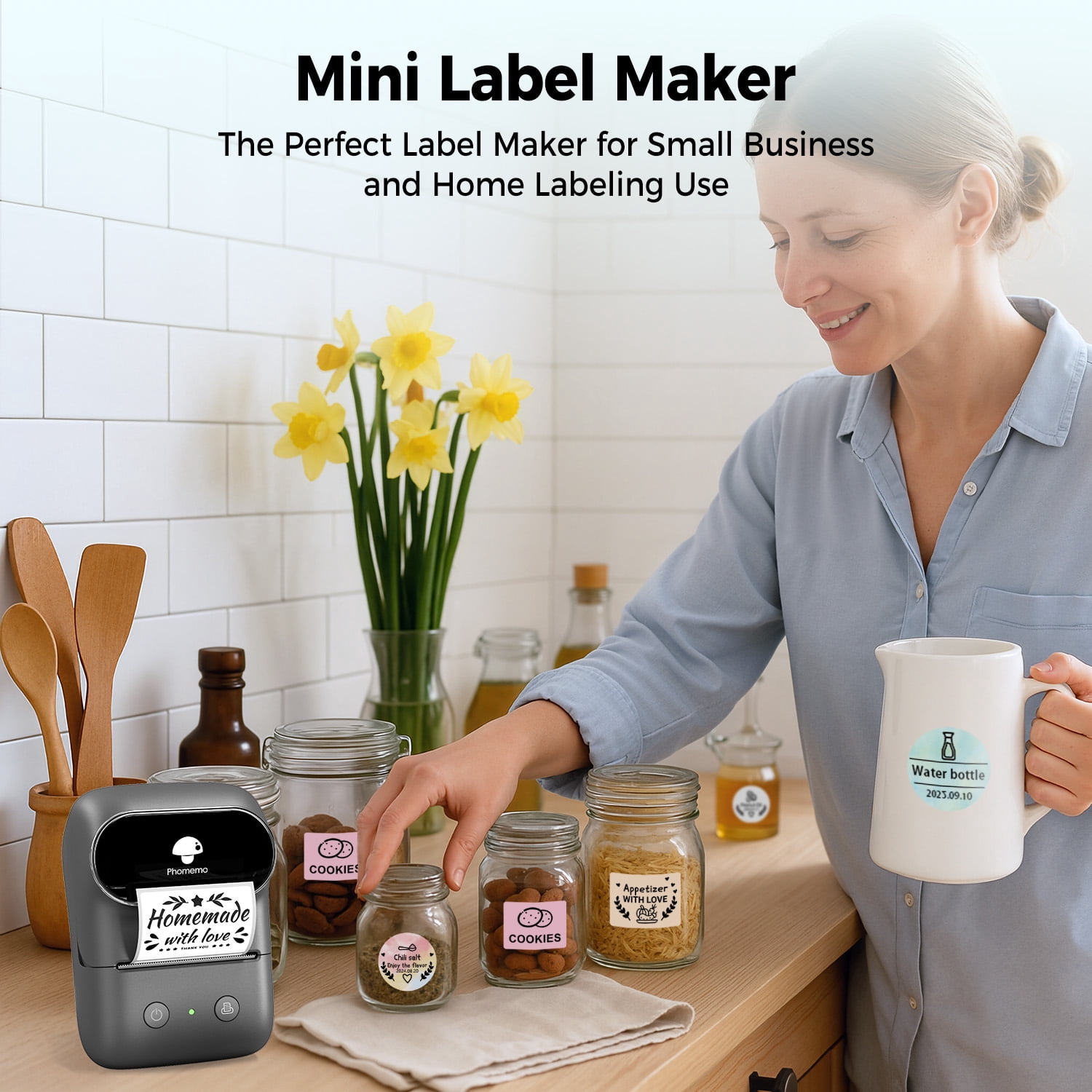 【 Phomemo Label printer】Label printer+4 rolls of thermal label paper, thermal label printer, printing width 20-50mm, one click printing（label maker）