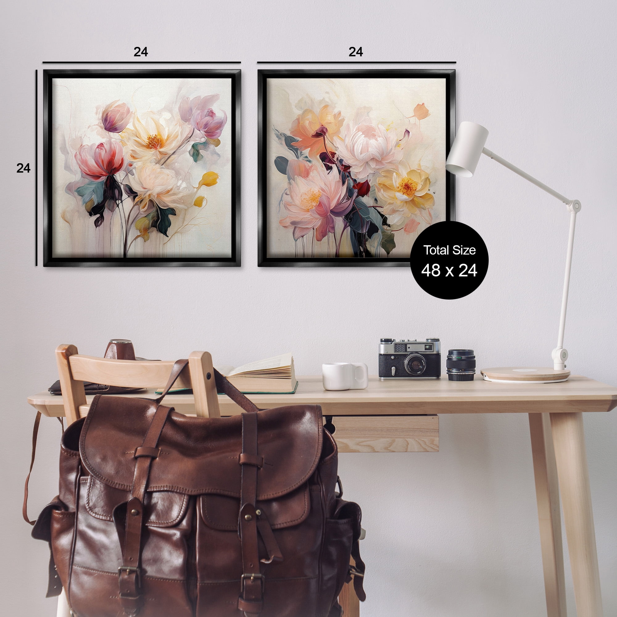Stupell Industries Soft Blooms on Beige Botanical & Floral Painting Black Floater Framed Canvas Art Print Wall Art, 25 x 25, Set of 2