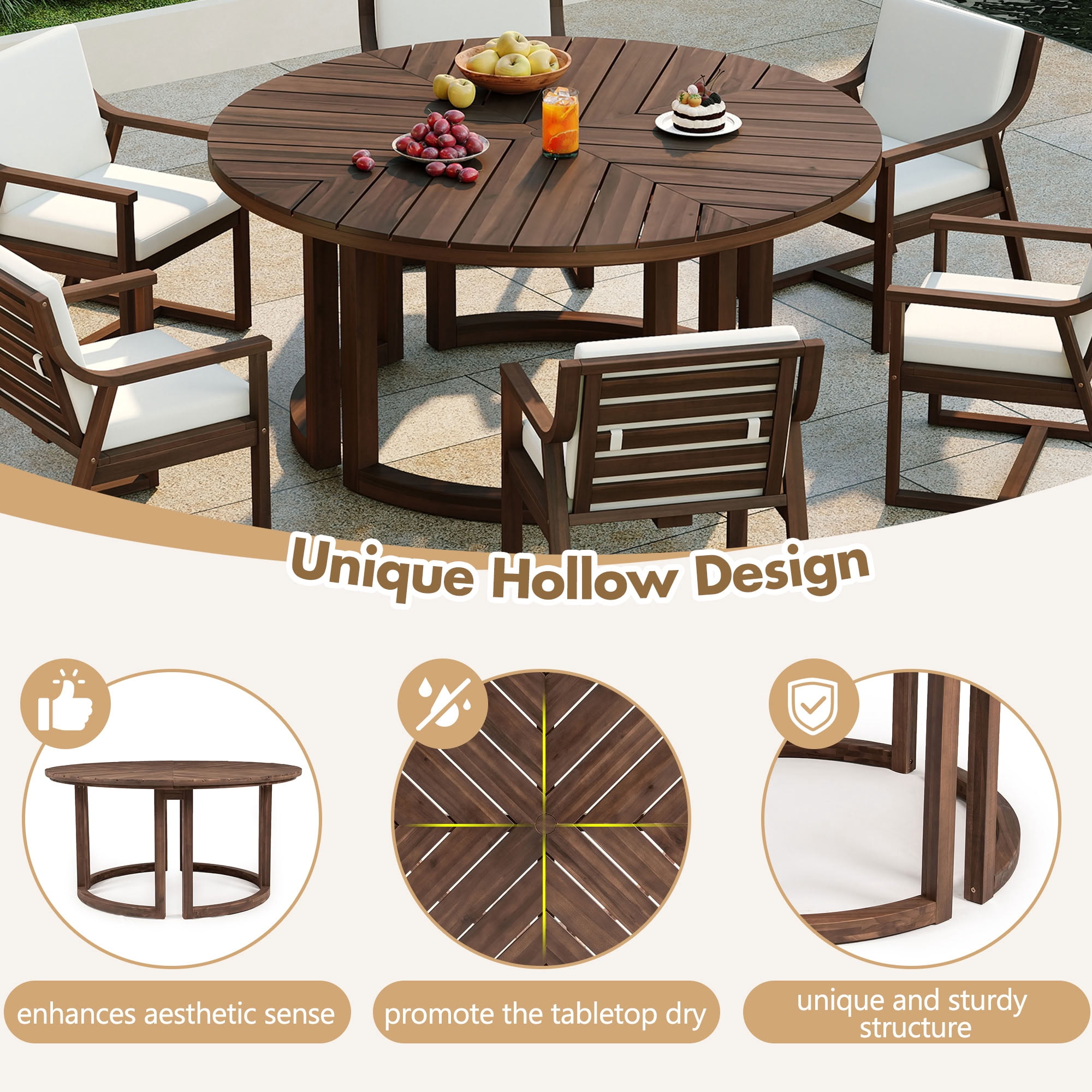 MAYEERTY 59" Round Patio Dining Table, Wood Dining Table with Umbrella Hole for Garden, Patio, and Poolside
