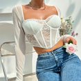 thumbnail image 4 of MYG Mode Femme Aguichant Dentelle Maille Chevrons Slim Col Carré Manches Longues Hauts, 4 of 9